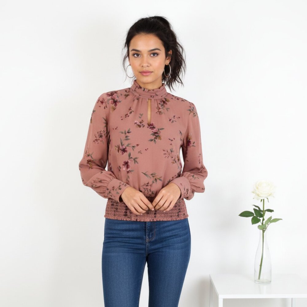 *Reitmans Rock & Shine Pink Floral Turtle Neck Key Hole Blouse